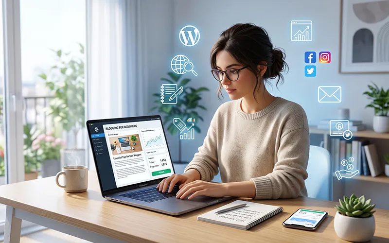 Blogging for beginners workspace with a laptop displaying a blog website, SEO analytics, WordPress dashboard, and digital marketing tools in a modern home office.